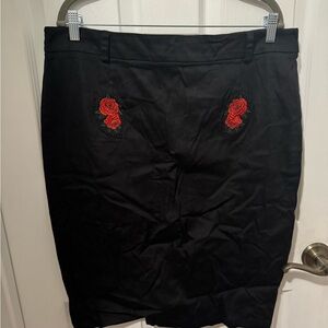 Unique Vintage Black Pencil Skirt with Red Rose Embroidery